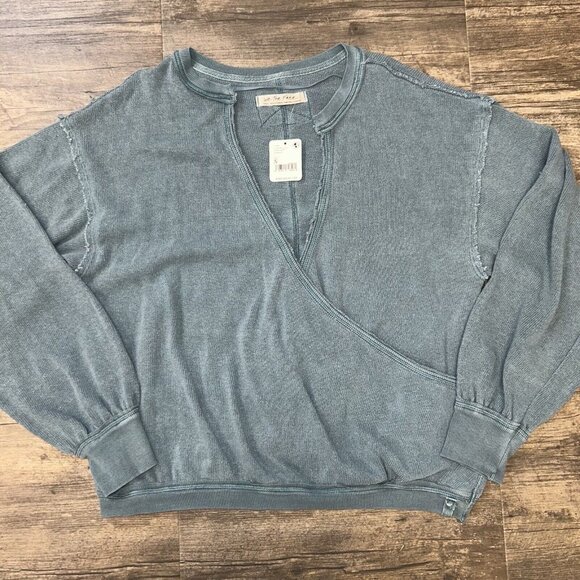 NWT We The Free People Anyway Surplice Sweater Top Women Size Small Deep Teal - Picture 2 of 6